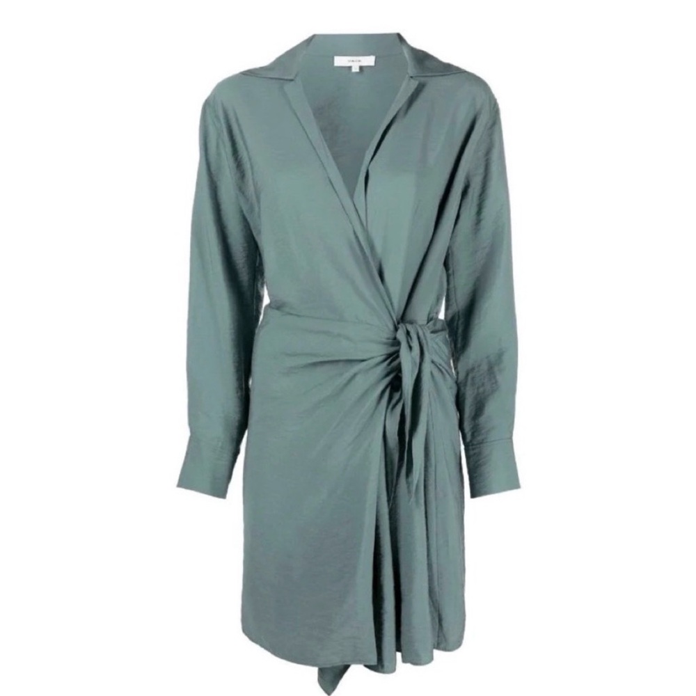 Vince women’s warp collared Long sleeve v neck mini dress viscose blend green XL - Picture 4 of 11